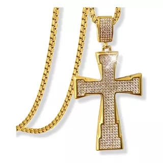 Collar Acero Inoxidable Color Oro Cruz Cristo Piedras Hombre