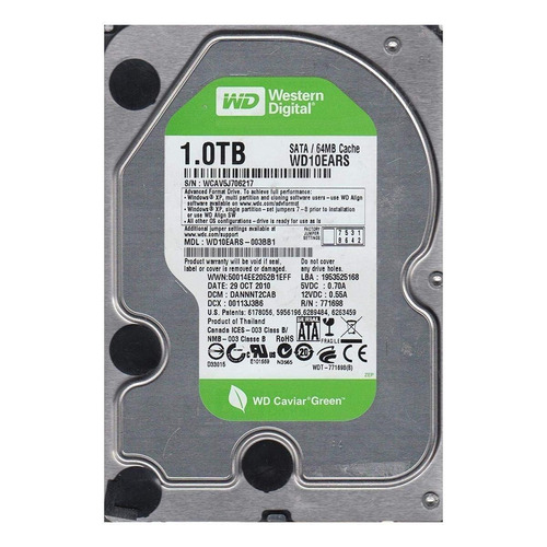 Disco duro interno Western Digital WD Caviar Green WD10EARS 1TB verde