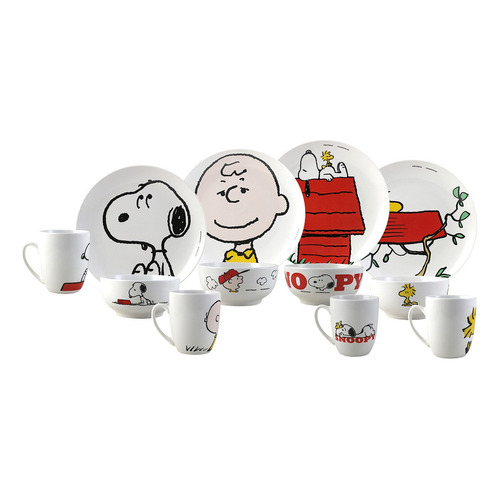 Vajilla Porcelana Snoopy Charlie Brown Tazas 12pz Colección Color Blanco