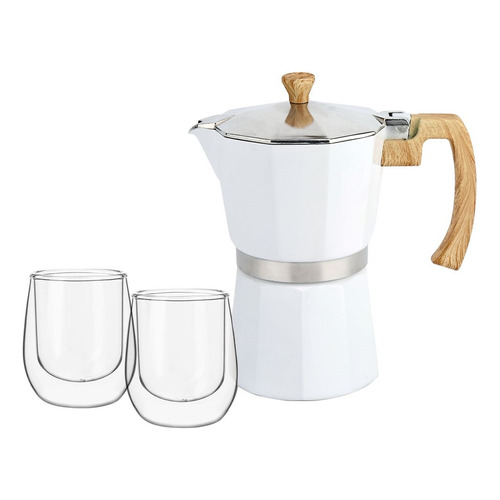 Set De Cafetera Italiana 6 Tazas Blanca + 2 Vasos De Vidrio