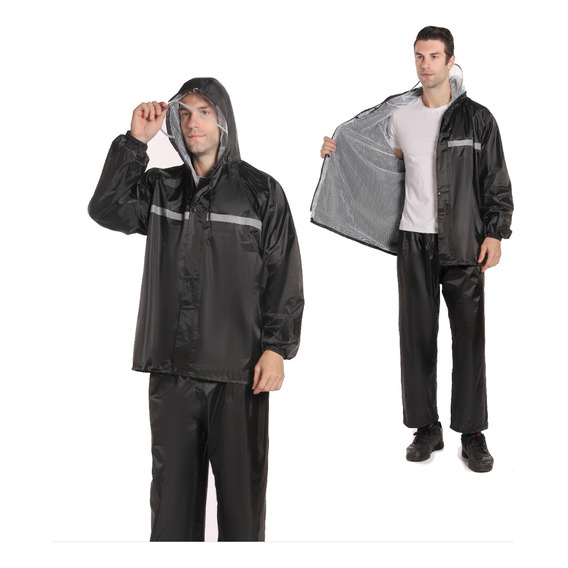 Impermeable Negro Con Pantalones Reflectantes Para Adulto