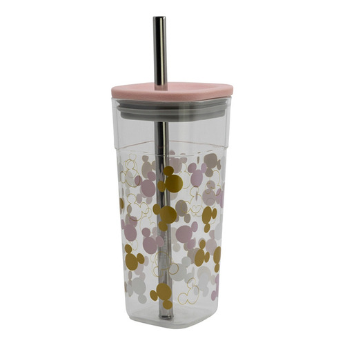 Vaso Acrílico Cuadrado Minnie Con Pajita Acero 540 Ml Color Rosa