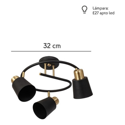 Plafon 3 Luces Espiral Yencko Conico Negro Dorado Apto Led 