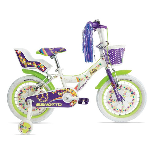 Bicicleta cross infantil Benotto Infantil Flower Power R16 Único 1v frenos v-brakes color blanco mate/morado con ruedas de entrenamiento