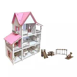 Grupo Paraíso Mdf Polly Casinha De Bonecas Kit Casa Boneca 19 Moveis Com Parquinho Postagem 24h Cor Branco