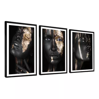 Quadro Decorativo Mulher Negra Maquiagem Ouro 43x63 Moldura Cor Colorido Cor Da Armação Preto