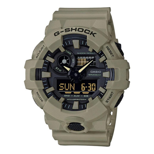 Reloj pulsera Casio G-Shock GA-700UC de cuerpo color beige, analógico-digital, para hombre, fondo negro, con correa de resina color beige, agujas color amarillo, dial beige, subesferas color negro, minutero/segundero blanco, bisel color beige, luz blanco y hebilla doble