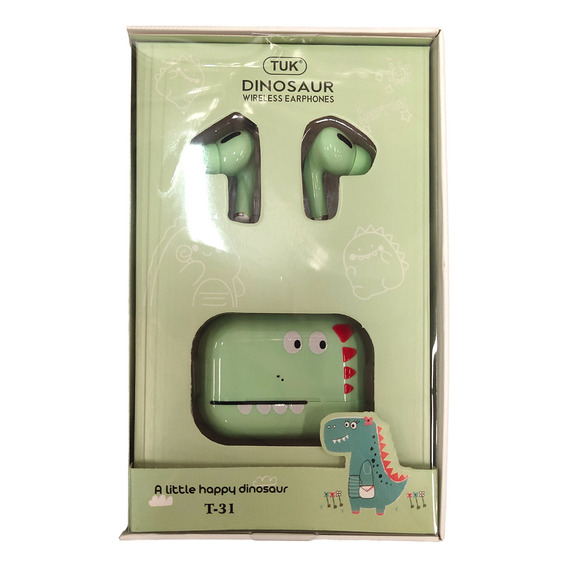 Auriculares Bluetooth In Ear Dinosaurio Verde Con Estuche Color Multicolor