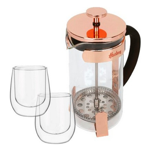 Set Cafetera De Embolo Hudson Cmset72 600ml Golden Rose + 2 Vasos Térmicos