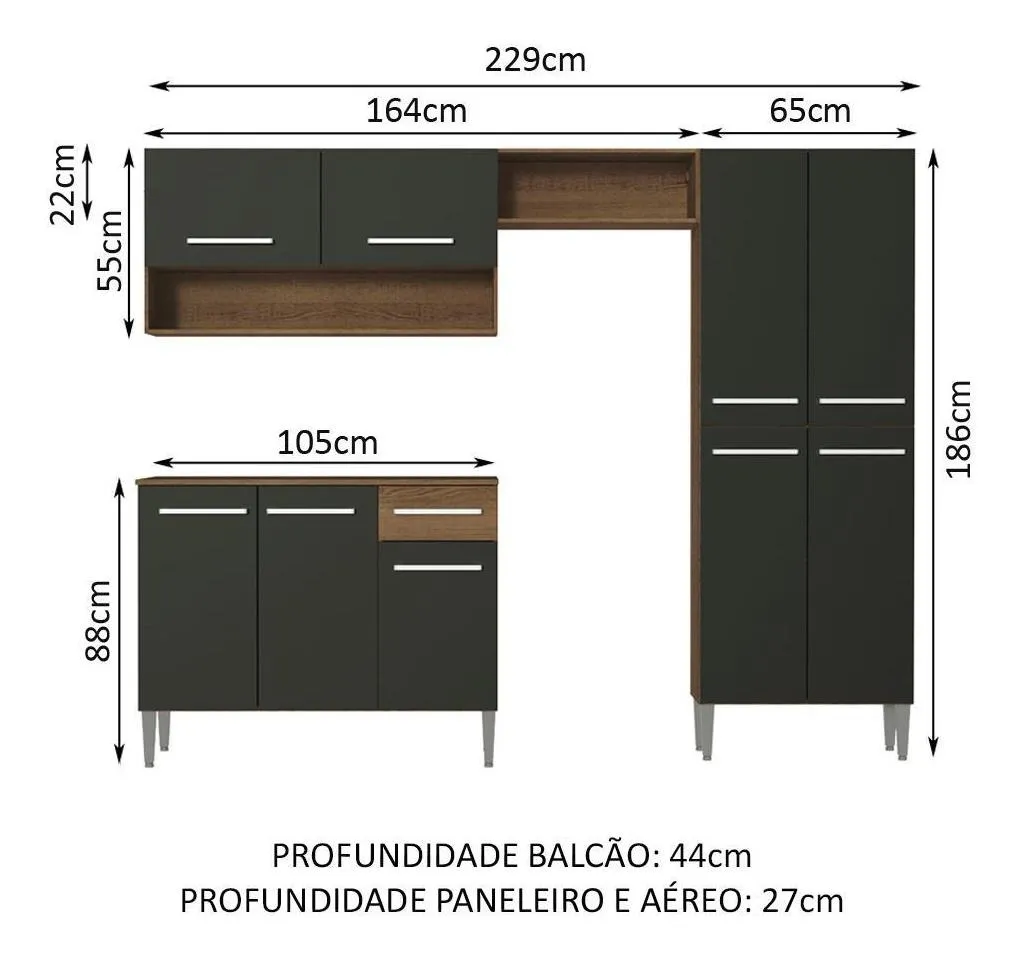 Armário de cozinha modulada completa compacta Emilly pop com armário e balcão cor rustic/preto - Imagem 6