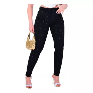 Calça Jeans Feminina Skinny Lycra Detalhes Strass Brilhantes