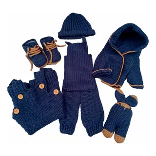 Kit Ajuar De Bebé Azul Tejido A Crochet Artesanal