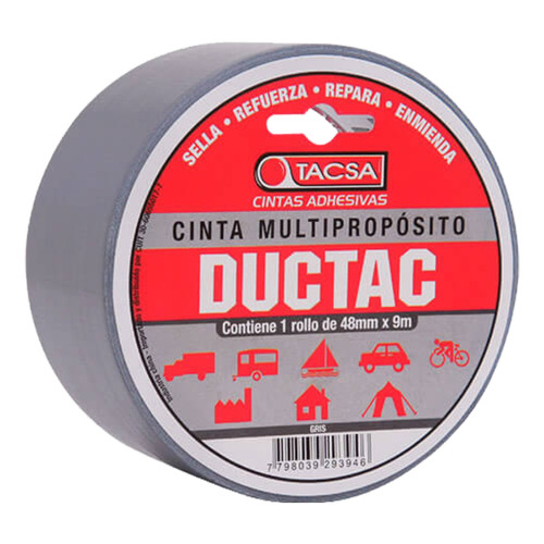 Cinta Multiproposito Tacsa Ductac Tape 48 Mm X 9 Mts Color Gris Liso
