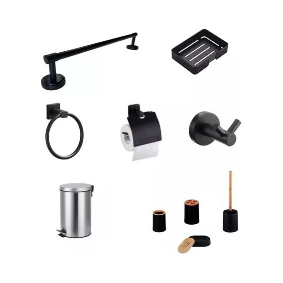 Kit Accesorios Completo De Baño En Negro Mate Acra