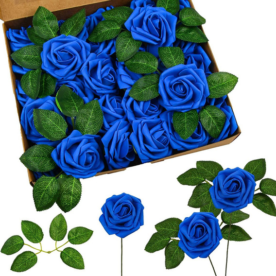 25 Piezas Rosas Artificiales Flor Falsa, Azul Real