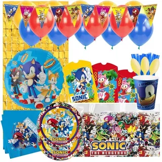 Set Decoración Fiesta + Globos Motivo Sonic