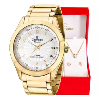 Relógio Champion Feminino Dourado Cn29409d + Colar E Brincos Cor Da Correia Dourado Cor Do Bisel Dourado Cor Do Fundo Branco