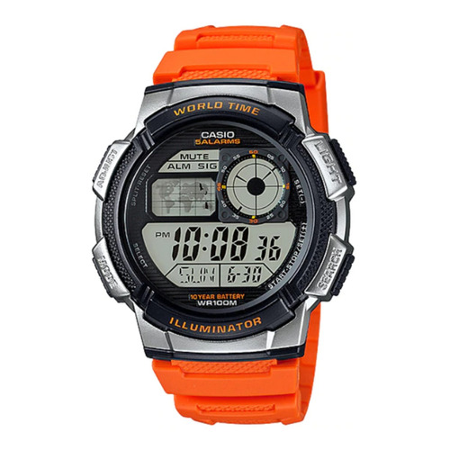 Reloj pulsera digital Casio AE-1000 con correa de resina color naranja - fondo negro