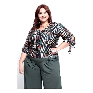 Blusa Estampado Manga 3/4 C Botões Roupa Feminina Plus Size