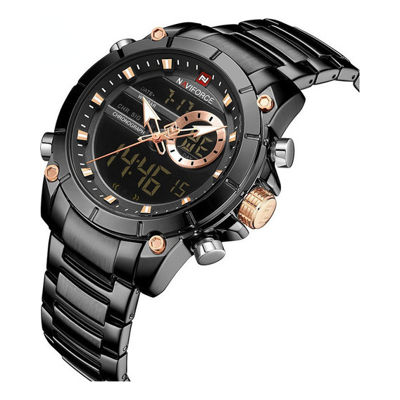 Reloj deportivo digital Naviforce Calend de acero inoxidable, bisel negro