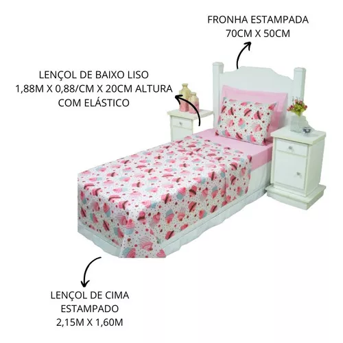 Lençol Infantil De Menina Jogo De Cama Solteiro 3Pçs Cupcake em