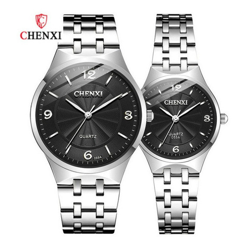 Reloj de cuarzo simple Chenxi CX-055a para parejas, 2 piezas, color de fondo plateado y negro
