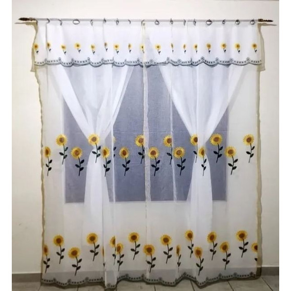 Cortinas Bordadas De Girasoles 2.50m Ancho X 2.30m Largo Color Blanco