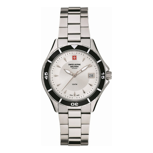 Reloj Swiss Alpine Military Nautilus Ladies 7740.1132sam Malla Plateado Bisel Negro Fondo Plateado