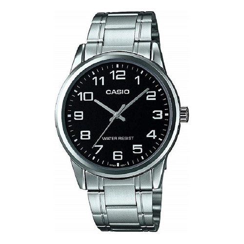 Reloj Casio Mtp-v001d-1budf Hombre 100% Original Correa Plateado Bisel Plateado Fondo Negro