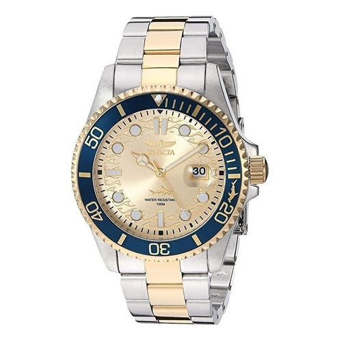Reloj pulsera Invicta 30022 con correa de acero inoxidable color acero/oro - fondo oro - bisel azul/oro