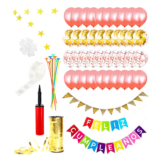 Set Globos Cumpleaños 74psc+carteles+ Hilo+ Infla N24 El Rey Color Rosa