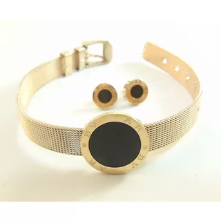 Conjunto Pulsera + Aros Acero Dorado Rosé Tipo Reloj