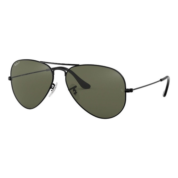 Anteojos de sol polarizados Ray-Ban Aviator Classic Large, diseño Piloto, color polished black con marco de metal color polished black, lente green de cristal clásica, varilla polished black de metal 