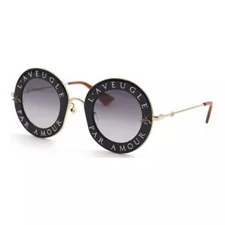 Anteojos De Sol Gucci Gg0113s Con Marco De Metal Color Negro/dorado, Lente Gris De Nailon Degradada, Varilla Dorada De Metal