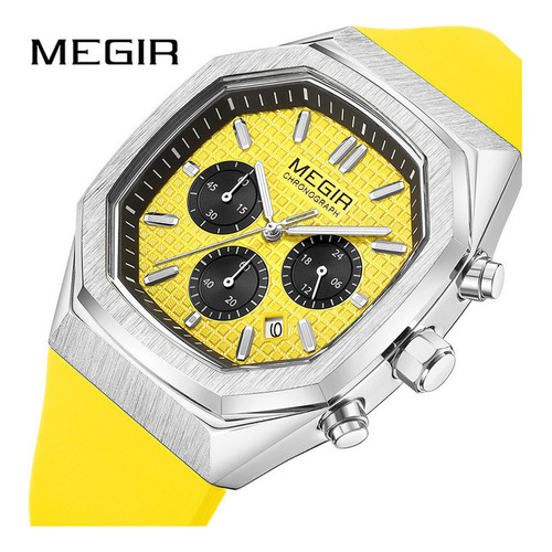 Reloj Cronógrafo Con Calendario Cuadrado Megir Color De La Correa Amarillo