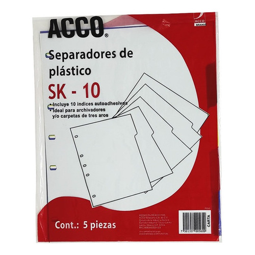 Separador Para Carpeta De Plastico Acco Con 5 Piezas Sk10