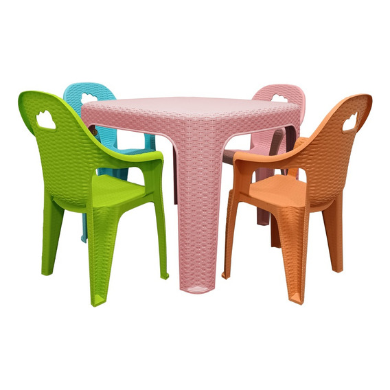 Set Mesa Y 4 Sillas Infantiles Niños Colores Tipo Rattan