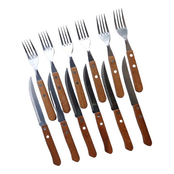 Pack 12 Cuchillos + 12 Tenedores Madera Inox Asado Multiuso