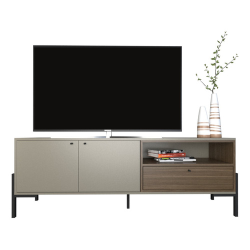 Rack Modular Mesa Tv Led Moderno Patas Hierro Metal Wood Color Gris Nogal