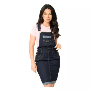 Jardineira Saia Jeans Moda Evangélica Com Elastano  