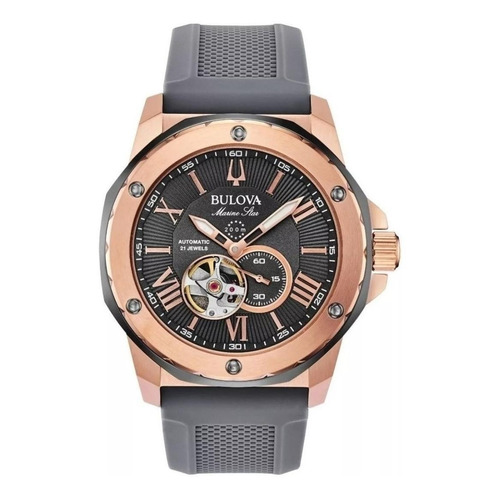 Reloj pulsera Bulova Marine Star 98A22 de cuerpo color oro rosa y gris, analógico, para hombre, fondo gris, con correa de silicona color gris, agujas color oro rosa y blanco, dial oro rosa, subesferas color gris, minutero/segundero blanco, bisel color oro rosa y hebilla simple