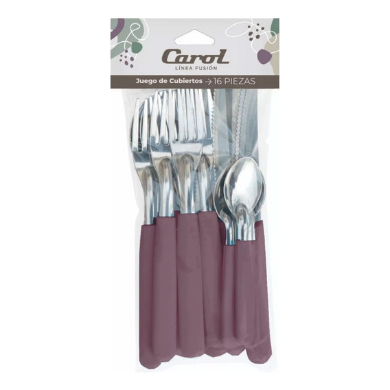 Set X16 Cubiertos Carol Soft Cuchillo Tenedor Cuchara Pastel Color Borravino Fusion