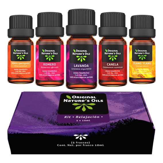 Kit Relajacion 5 Aceites Esenciales Aromaterapia Y Difusor Original Nature's oils 50 Ml