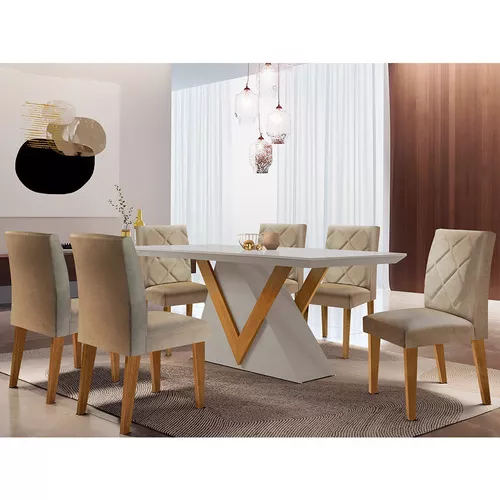 Conjunto Sala de Jantar Mesa Safira 180cm 6 Cadeiras Rufato com Vidro
