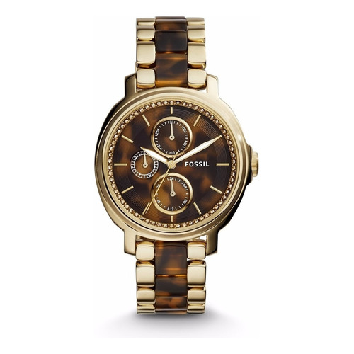 Reloj Fossil Es3923 Para Mujer Fechador Doble Am/pm Color De La Malla Dorado/negro Color Del Bisel Dorado Color Del Fondo Marrón