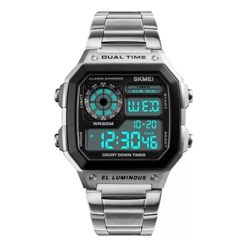 Reloj pulsera digital Skmei 1335 con correa de acero inoxidable color plateado - fondo negro
