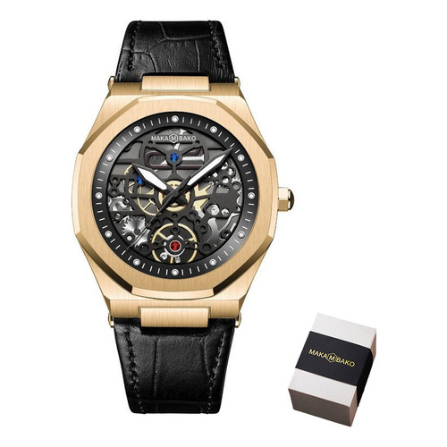 Reloj de pulsera Makambako MK-5016 de cuerpo color negro, analógico, para hombre, con correa de leather/stainless steel color leather golden black y mariposa
