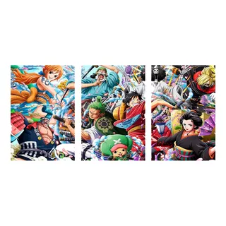 Quadro 3 Peças Para Sala One Piece Anime Desenhos Series 3d
