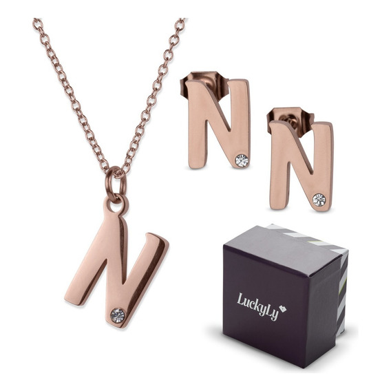 Set Joyería Mujer, Aretes Collar Inicial Letras Luckyly Color N