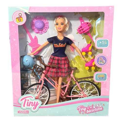 Muñeca Tiny Fantasy Con Bicicleta Remera Azul